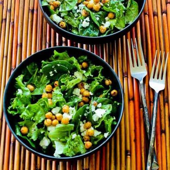 Leafy Greens Salad with Chickpeas, Feta, and Sumac Dressing found on KalynsKitchen.com