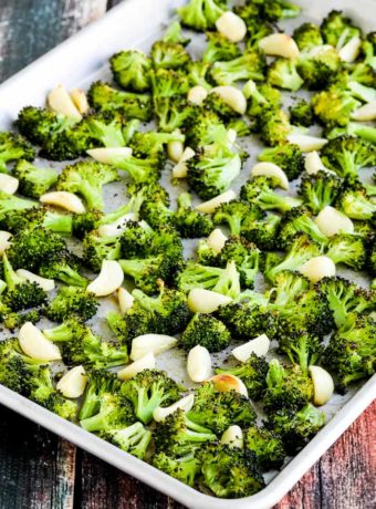 Finished Roasted Broccoli on baking sheet with Garlic