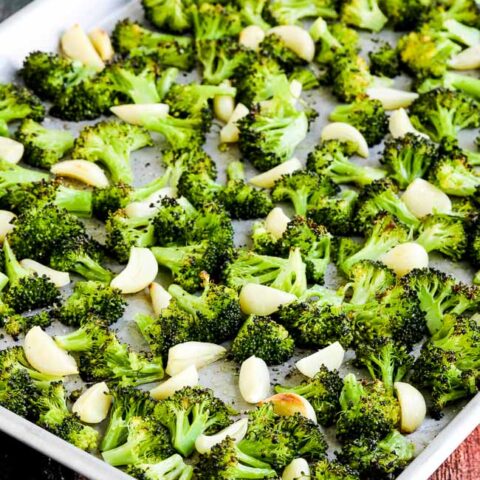 Finished Roasted Broccoli on baking sheet with Garlic