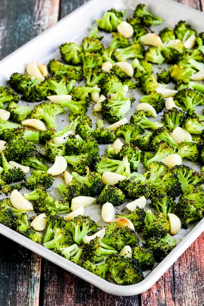 Finished Roasted Broccoli on baking sheet with Garlic