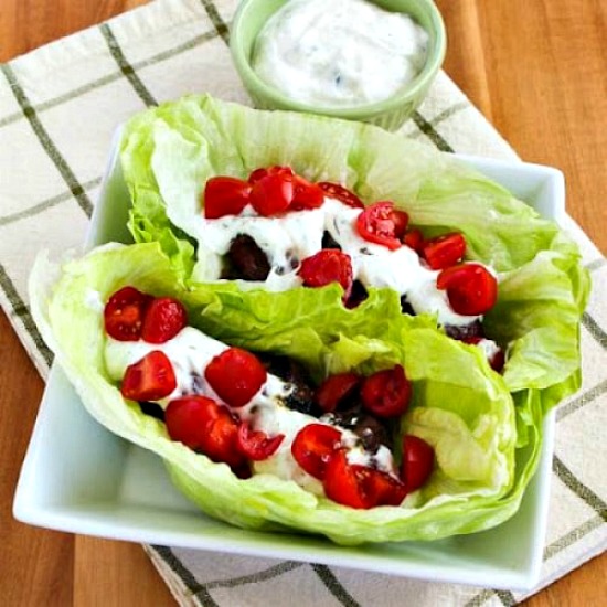 Ground Beef Gyro Meatball Lettuce Wraps with Tzatziki and Tomatoes found on KalynsKitchen.com