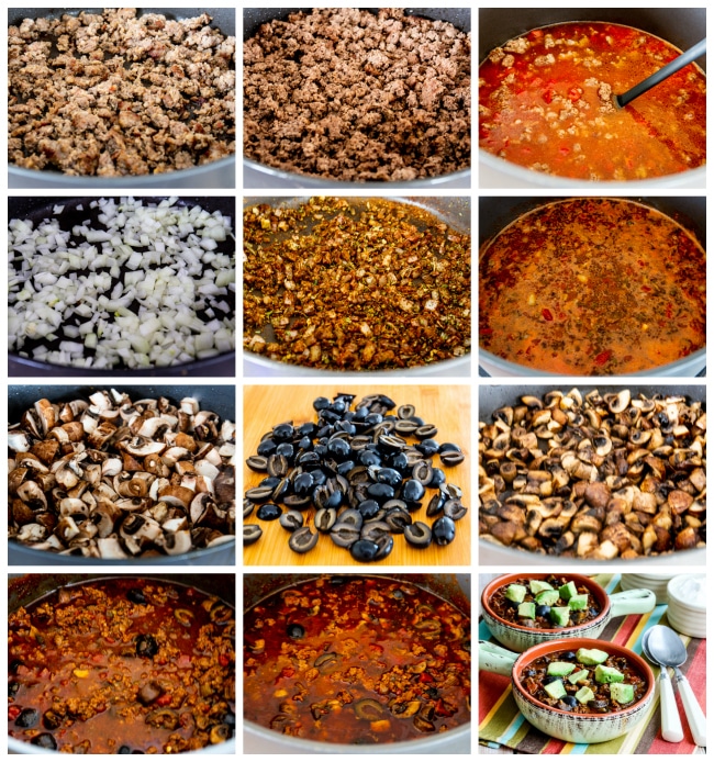 Beef Chili with Sausage, Mushrooms, and Olives process shots collage