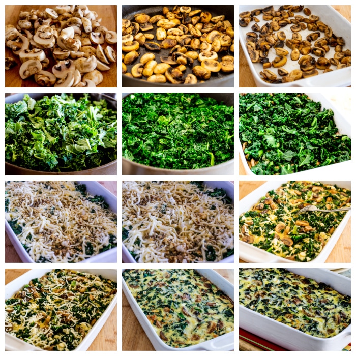 Kale, Mushroom, and Cheese Breakfast Casserole process shots collage