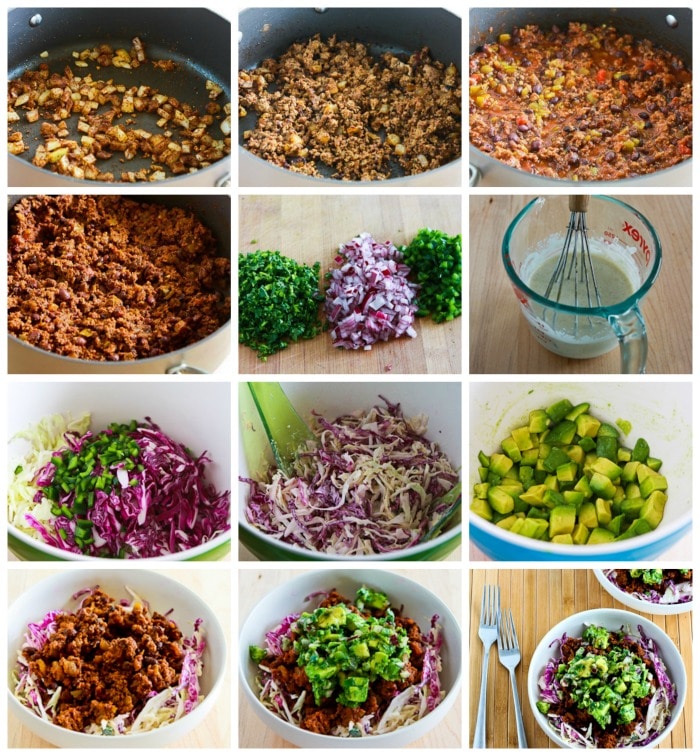 Turkey and Black Bean Mexican Cabbage Bowl with Avocado Salsa process shots collage