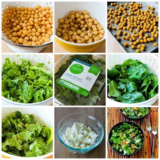 Leafy Greens Salad with Chickpeas, Feta, and Sumac Dressing found on KalynsKitchen.com