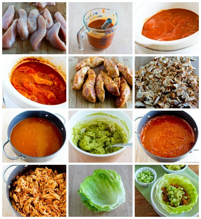 Slow Cooker Low-Sugar Barbecued Chicken Lettuce Cups process shots collage