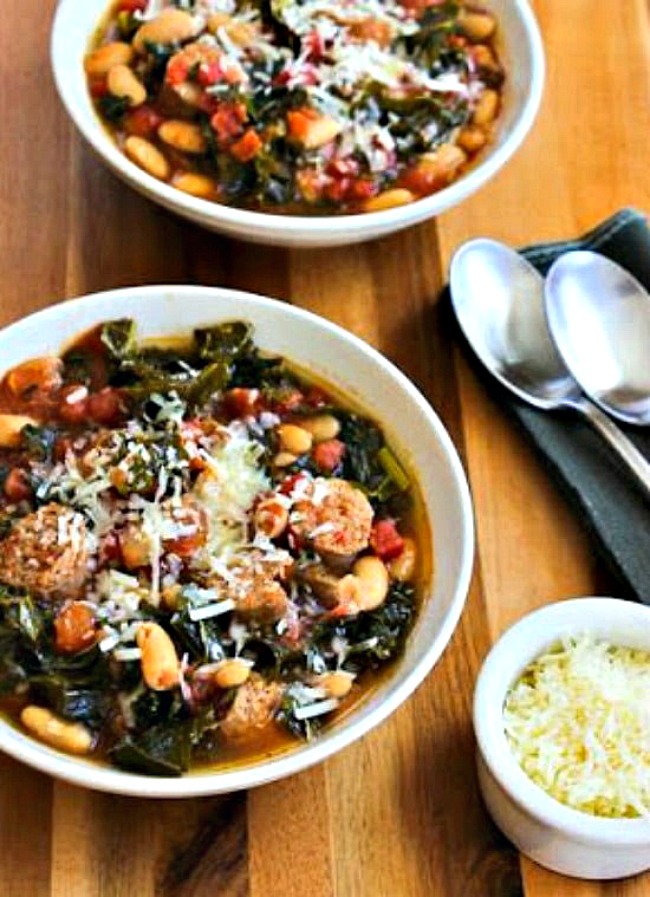 Slow Cooker Cannellini Bean Soup with Sausage and Kale finished soup in bowls