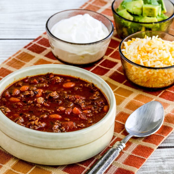 Easy Taco Soup thumbnail image of finished soup with toppings