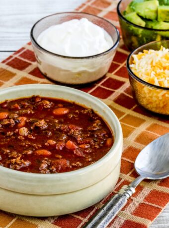Easy Taco Soup thumbnail image of finished soup with toppings