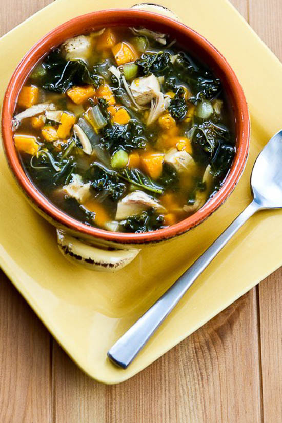 Slow Cooker Turkey (or Chicken) Soup with Kale and Sweet Potatoes found on KalynsKitchen.com
