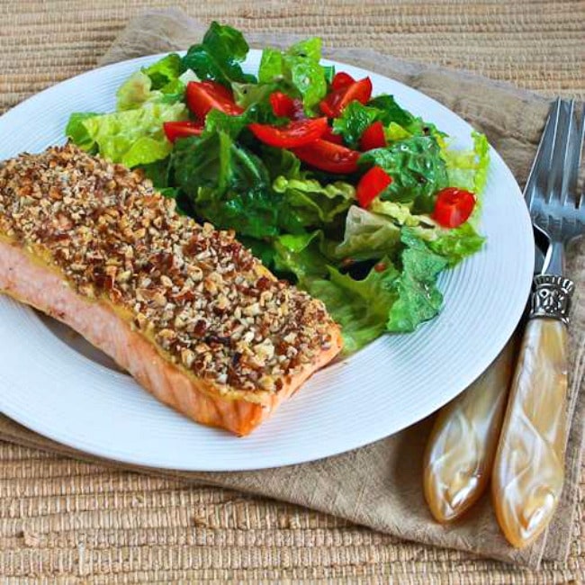Pecan-Crusted Dijon Salmon finished dish on serving plate