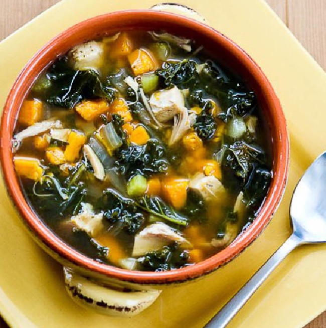 Slow Cooker Turkey Soup with Kale and Sweet Potatoes thumbnail image of finished soup in bowl