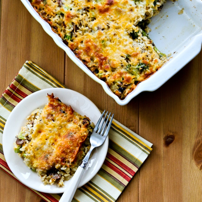 Cheesy Vegetarian Brown Rice Casserole square image of finished casserole