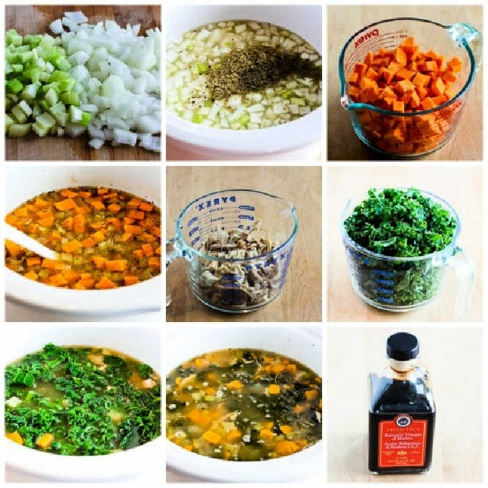 Slow Cooker Turkey Soup with Kale and Sweet Potatoes collage of recipe steps