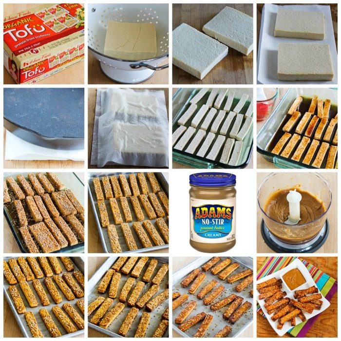 Baked Sesame Tofu Sticks with Peanut Butter and Tahini Sauce process shots collage