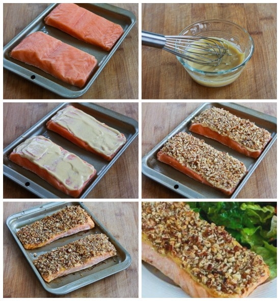 Quick and Easy Low-Carb Pecan-Crusted Dijon Salmon found on KalynsKitchen.com