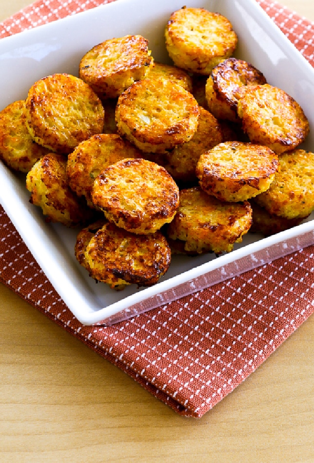 Cheesy Baked Cauliflower Tots in serving dish
