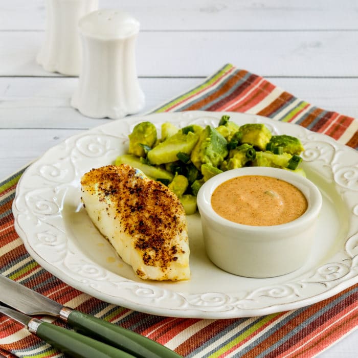 Thumbnail square image of Spicy Air Fryer Fish with Remoulade Sauce and avocado salad on side