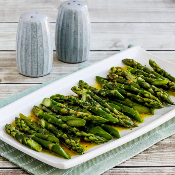 Barely-Cooked Asparagus with Lemon-Mustard Vinaigrette thumbnail image of finished asparagus on serving plate