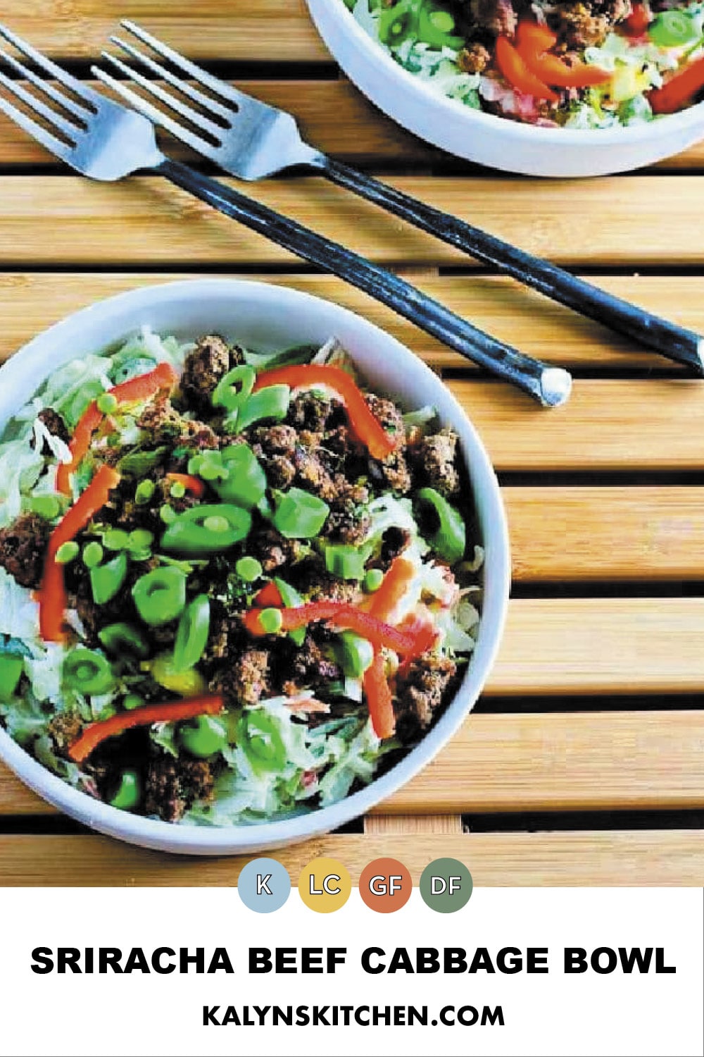 Pinterest image of Sriracha Beef Cabbage Bowl