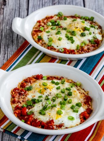 Tuscan Baked Eggs with Tomatoes finished eggs in two baking dishes