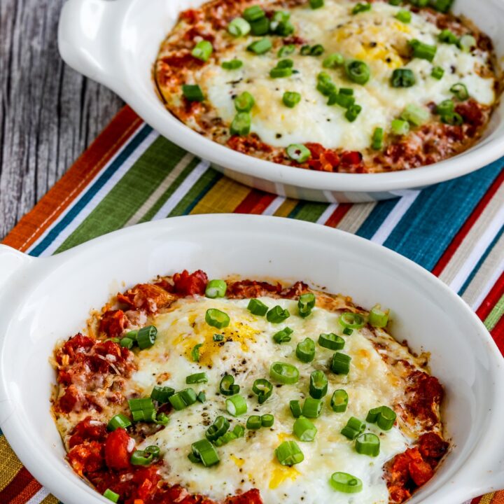 Tuscan Baked Eggs with Tomatoes finished eggs in two baking dishes