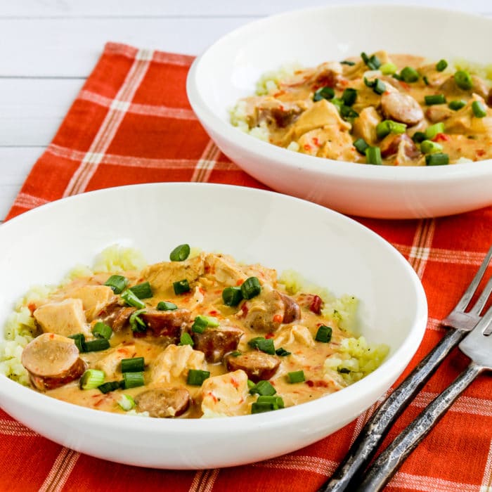 square thumbnail image of Chicken and Sausage Stew in serving bowls with cauliflower rice