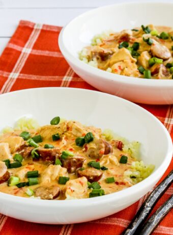 square thumbnail image of Chicken and Sausage Stew in serving bowls with cauliflower rice