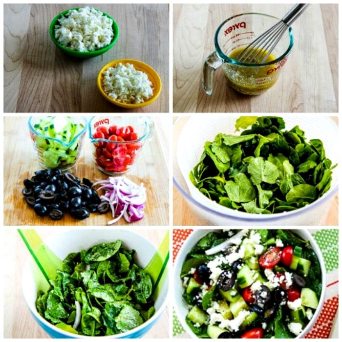 Spinach and Kale Greek Salad with Feta-Lemon Vinaigrette process shots collage