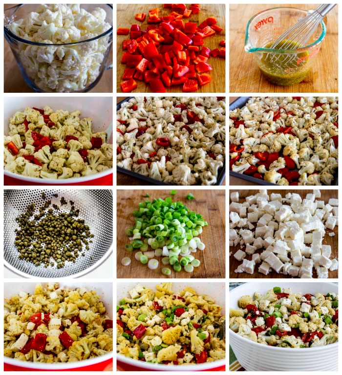 Roasted Cauliflower Salad with Feta, Capers, and Red Pepper process shots collage