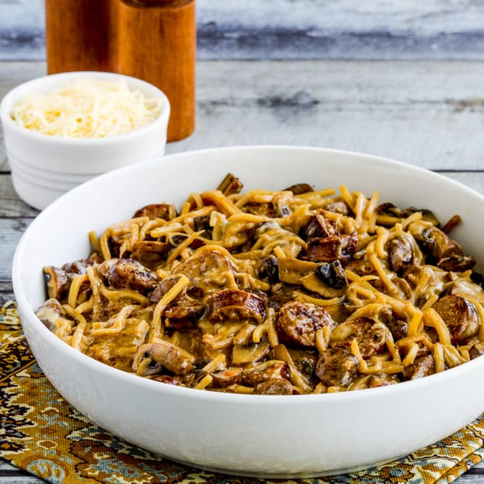 square thumbnail image of Low-Carb Pasta with Sausage and Mushrooms in serving bowl