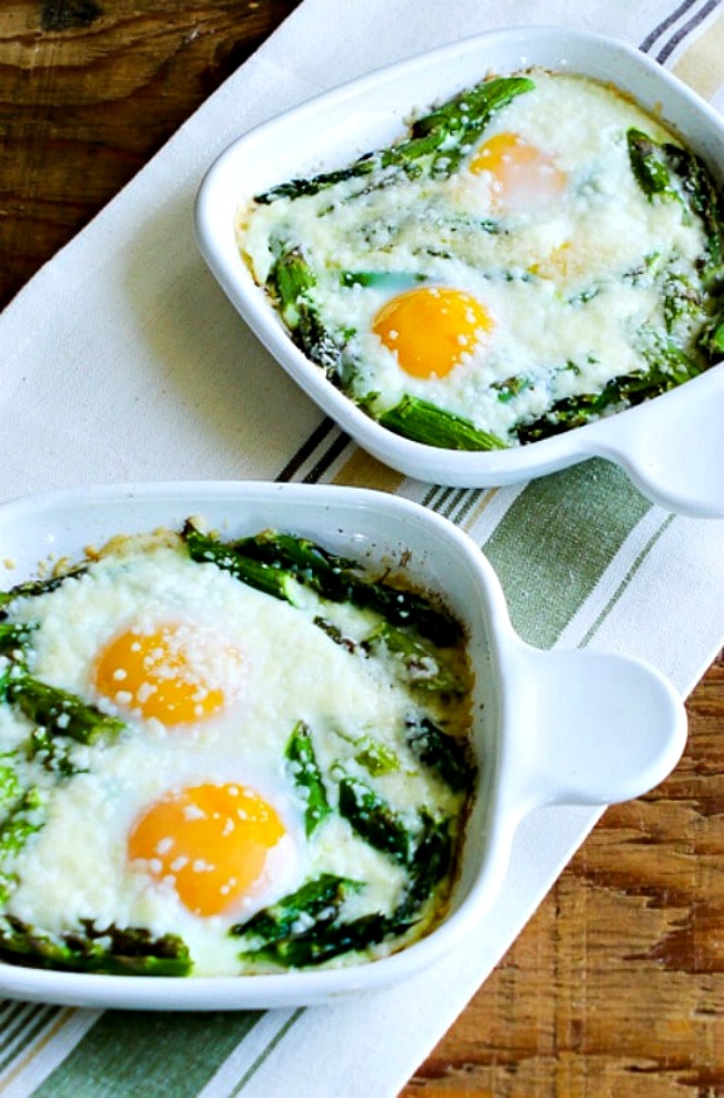 Baked Eggs and Asparagus with Parmesan found on KalynsKitchen.com