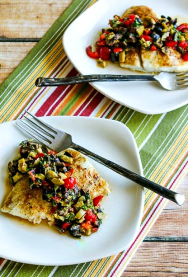 Low-Carb Roasted Barramundi with Tomato and Olive Relish found on KalynsKitchen.com