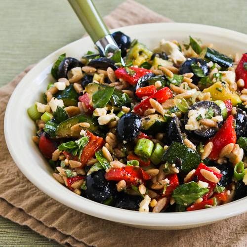 Whole Wheat Orzo and Grilled Vegetable Salad with Feta, Olives, and Herbs found on KalynKitchen.com