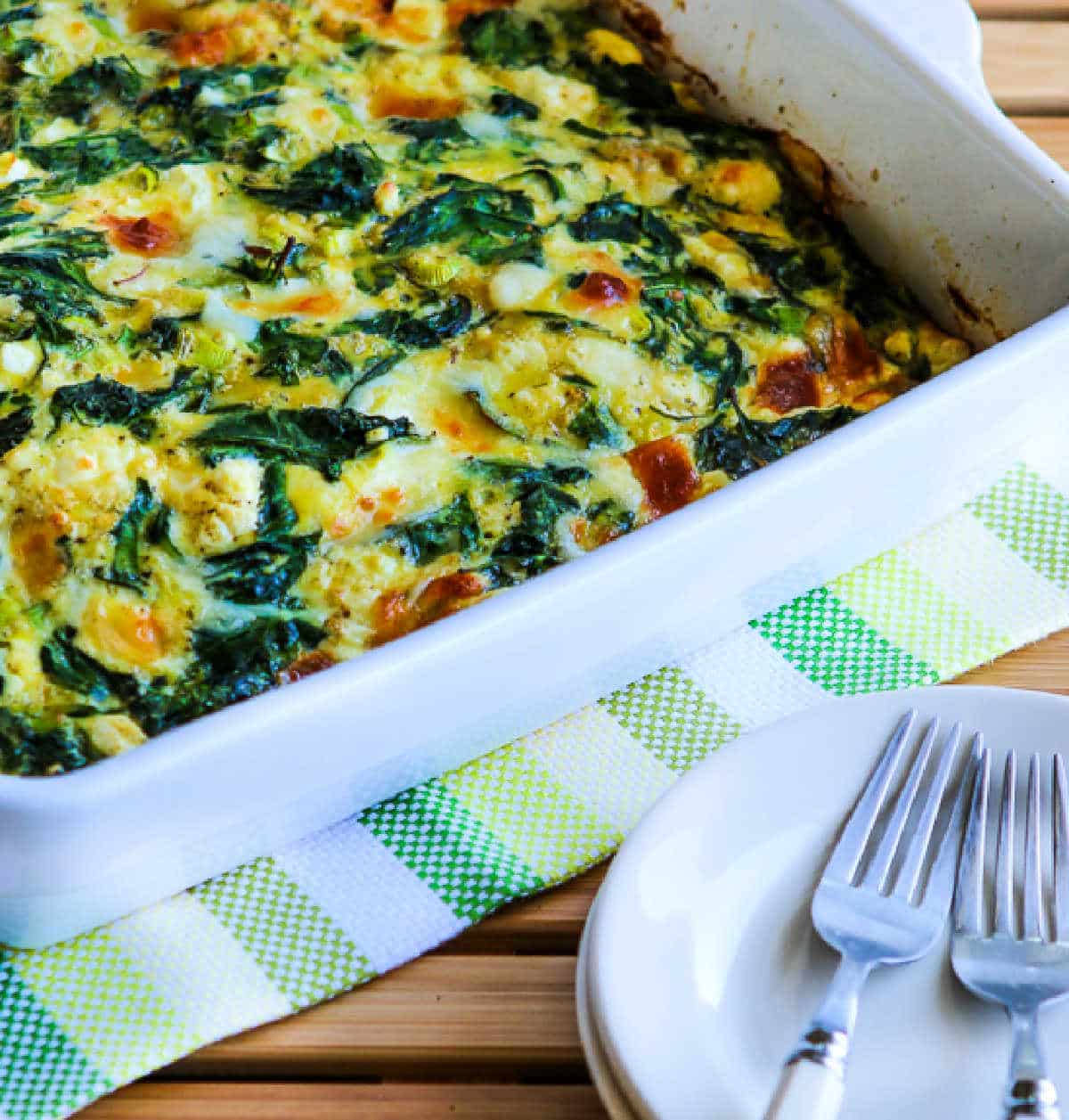 Square image of Power Greens Breakfast Casserole in a serving dish