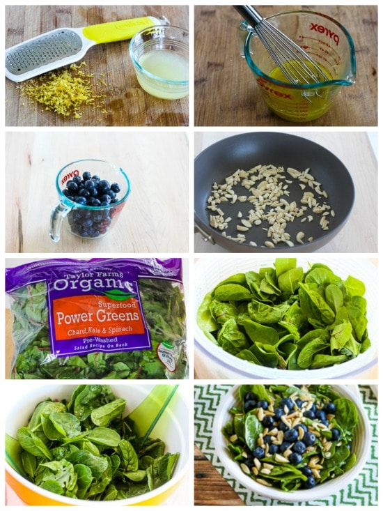 Power Greens Salad with Blueberries and Almonds process shots collage