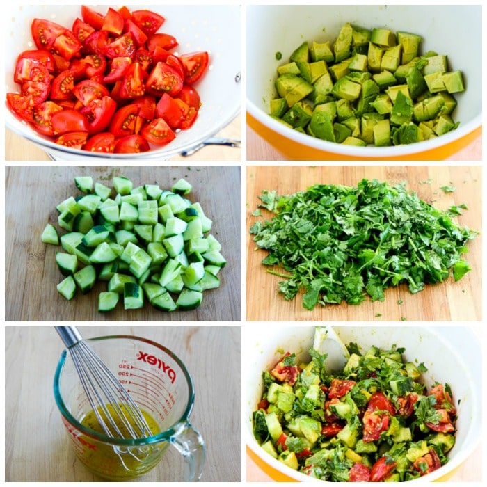 Vegan Tomato Salad with Cucumber and Avocado process shots collage