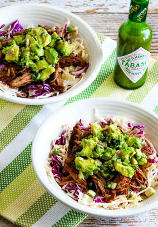 Green Chile Shredded Beef Cabbage Bowl with Avocado Salsa (Slow Cooker or Pressure Cooker) found on KalynsKitchen.com