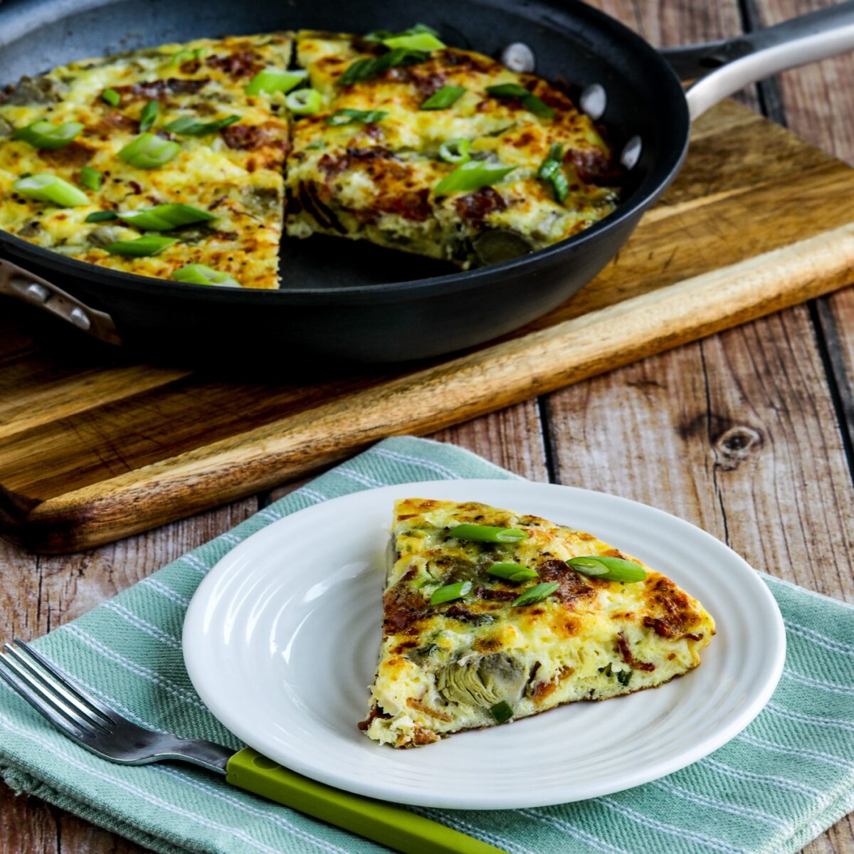 Artichoke Frittata with Bacon square image of one serving and frittata in pan