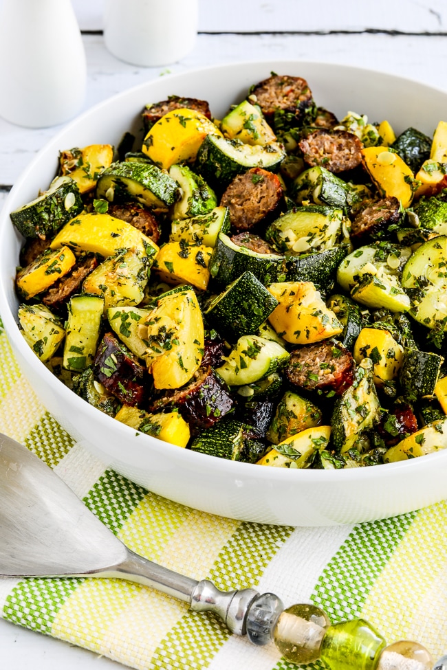 Grilled Sausage and Summer Squash with Lemon and Herbs close-up photo of finished dish