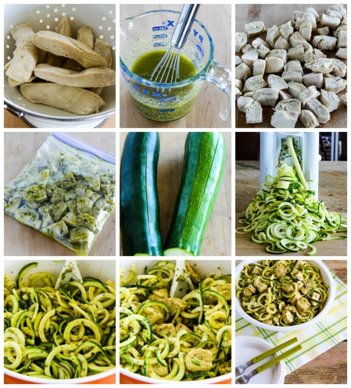 Chicken Pesto Zucchini Noodle Salad process shots collage