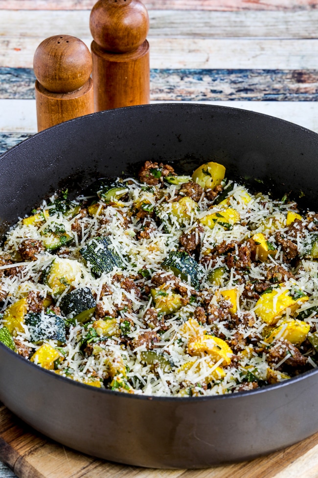 Sausage and Zucchini Skillet Meal finished dish in skillet