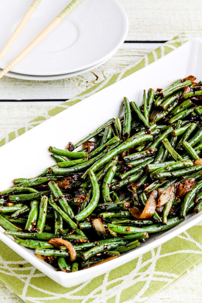 Garlicky Green Beans Stir Fry finished beans in serving dish