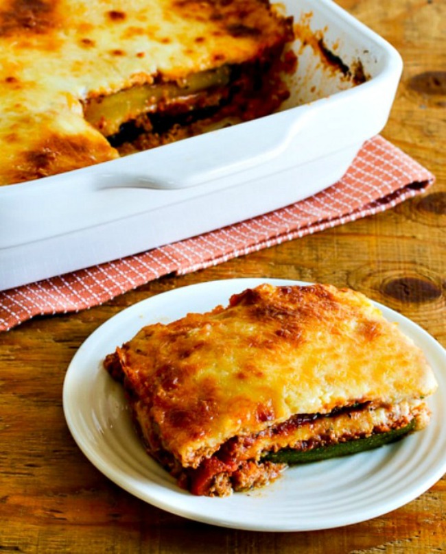 Low-carb grilled zucchini lasagna with Italian sausage, tomatoes and basil sauce at KalynsKitchen.com