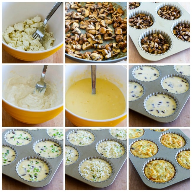step-by-step photo collage for Crustless Breakfast Tarts with Mushrooms and Goat Cheese
