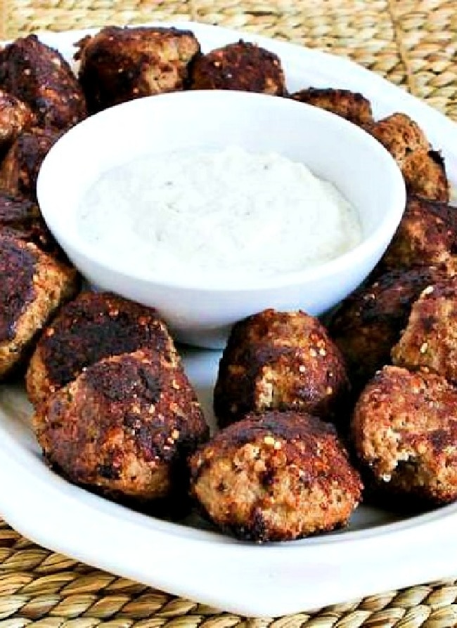 Cropped image of Turkey Parmesan Meatballs on serving platter.