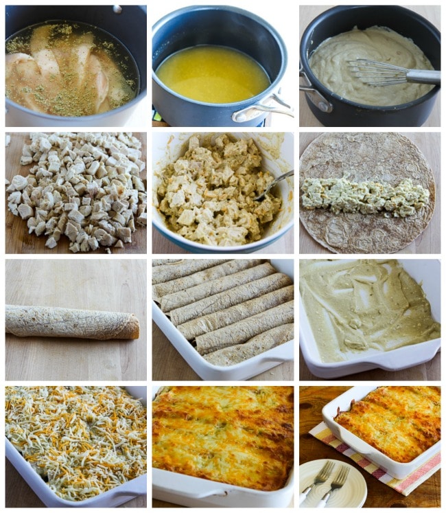 Low-Carb Green Chile Chicken Enchilada Casserole process shots collage