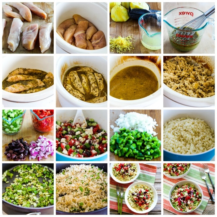 Slow Cooker Cauliflower Rice Greek Chicken Bowls process shots collage