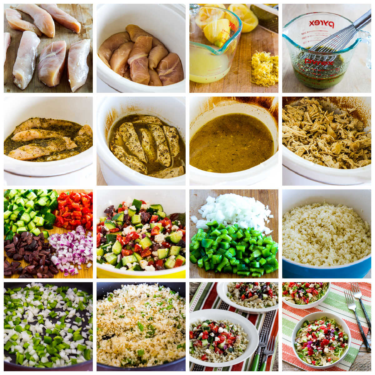 Slow Cooker Cauliflower Rice Greek Chicken Bowls collage of recipe steps