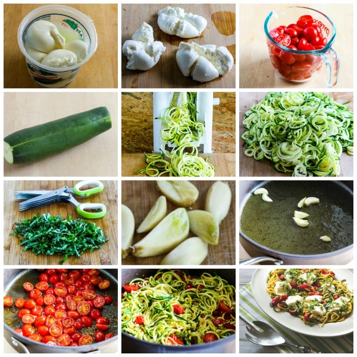 Garlicky Zucchini Noodles with Tomatoes and Burrata process shots collage
